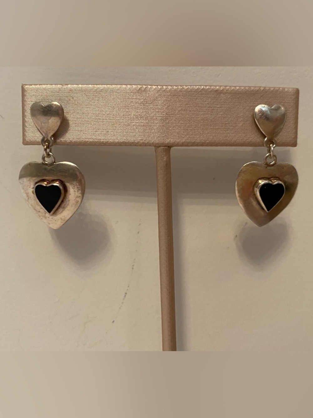 EARRINGS STERLING SILVER 925 2 HEARTS BLACK ONYX CENTER PIERCED DANGLE DROP POST